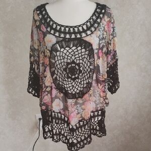 Women's Floral Crochet Trim Top, Size 3X